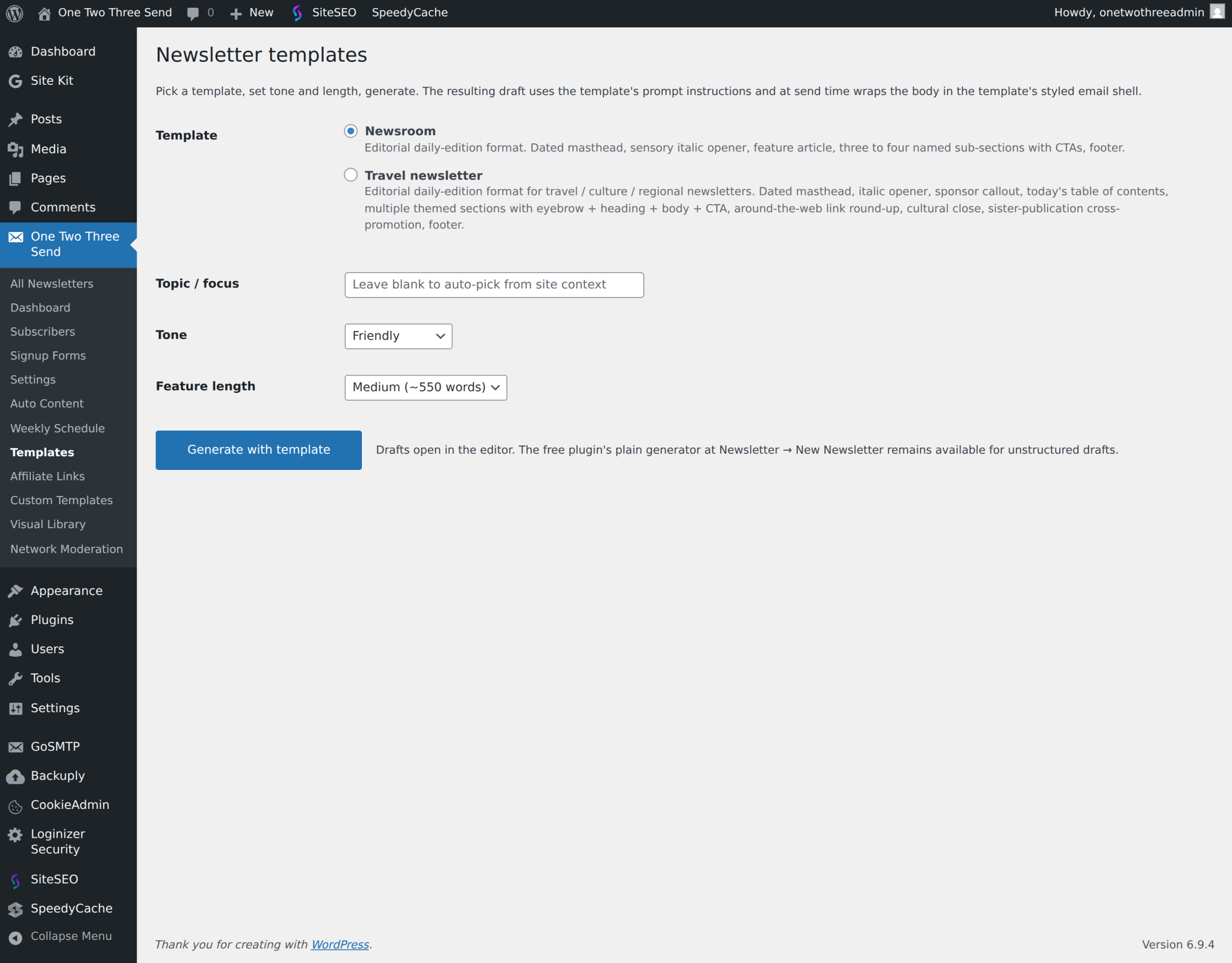 Newsletter Templates page — the bundled Newsroom and Travel templates.