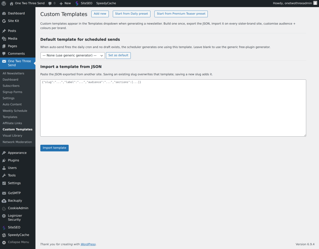 WordPress newsletter plugin custom templates interface with import options