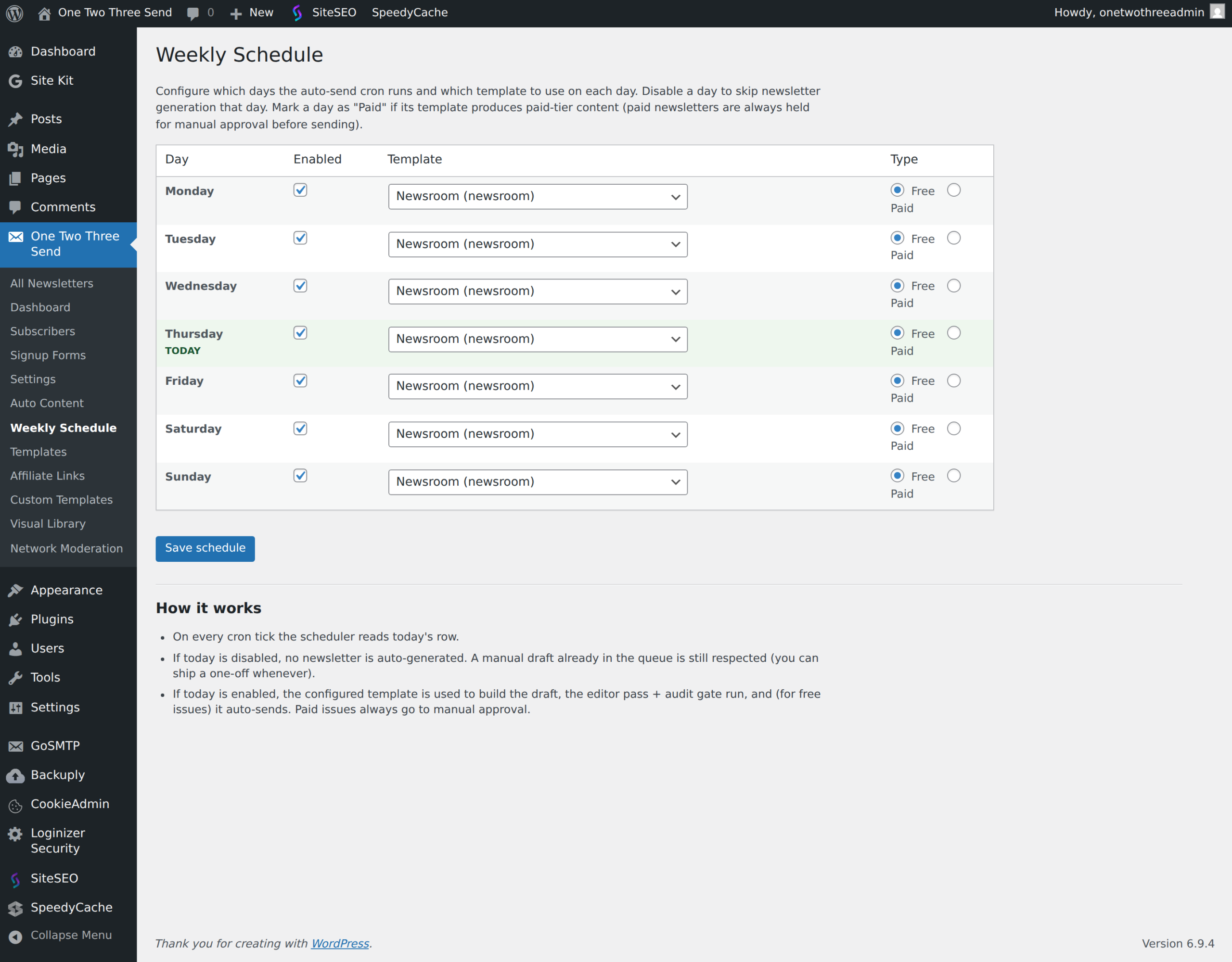 Weekly Schedule — per-day enable, template, free/paid type.