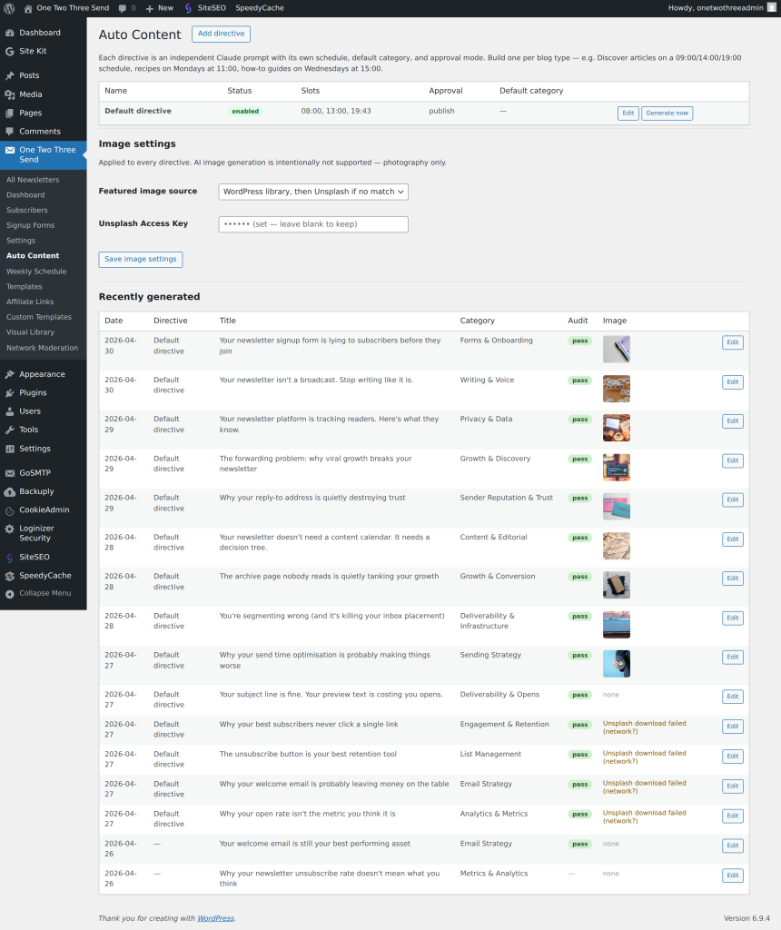 WordPress Auto Content plugin dashboard showing recently generated newsletter content items