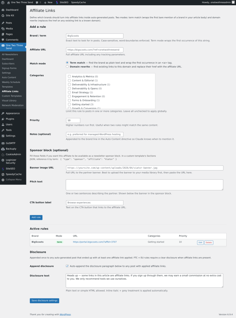WordPress Affiliate Links plugin settings page showing rule configuration form