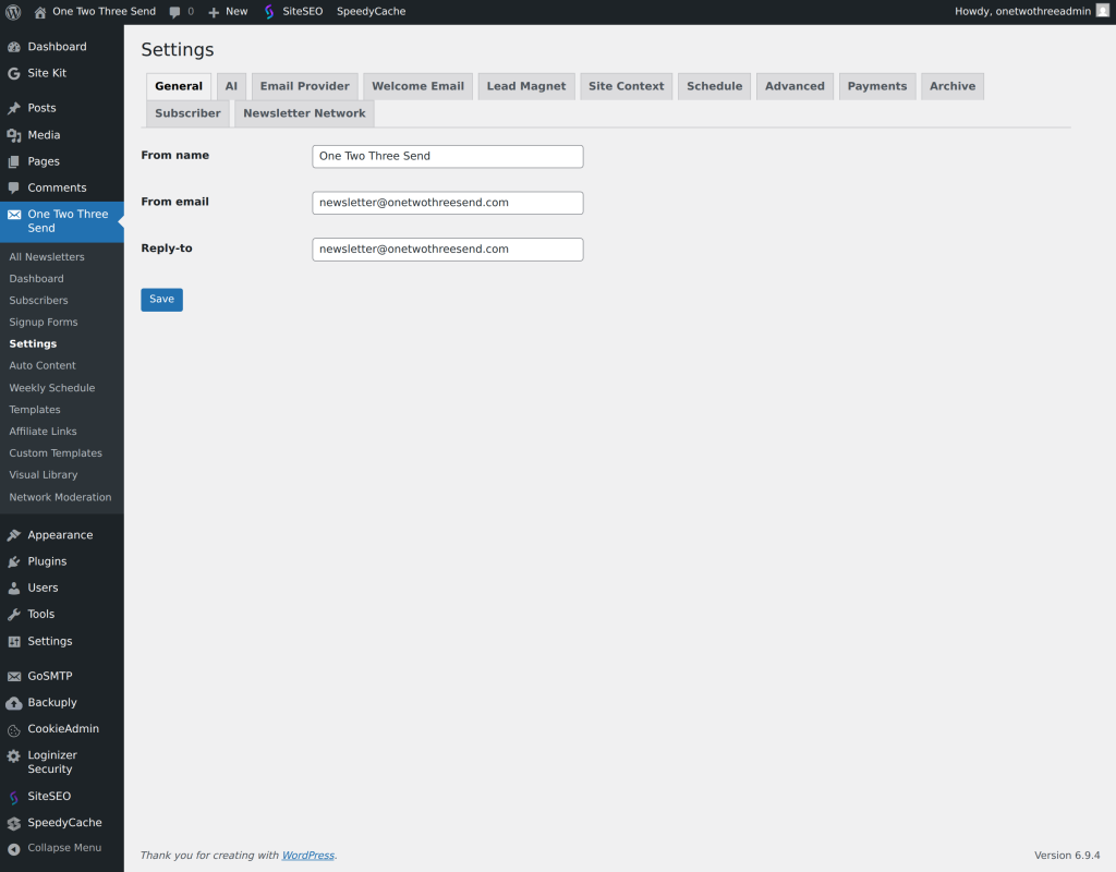 WordPress newsletter settings page showing general configuration fields
