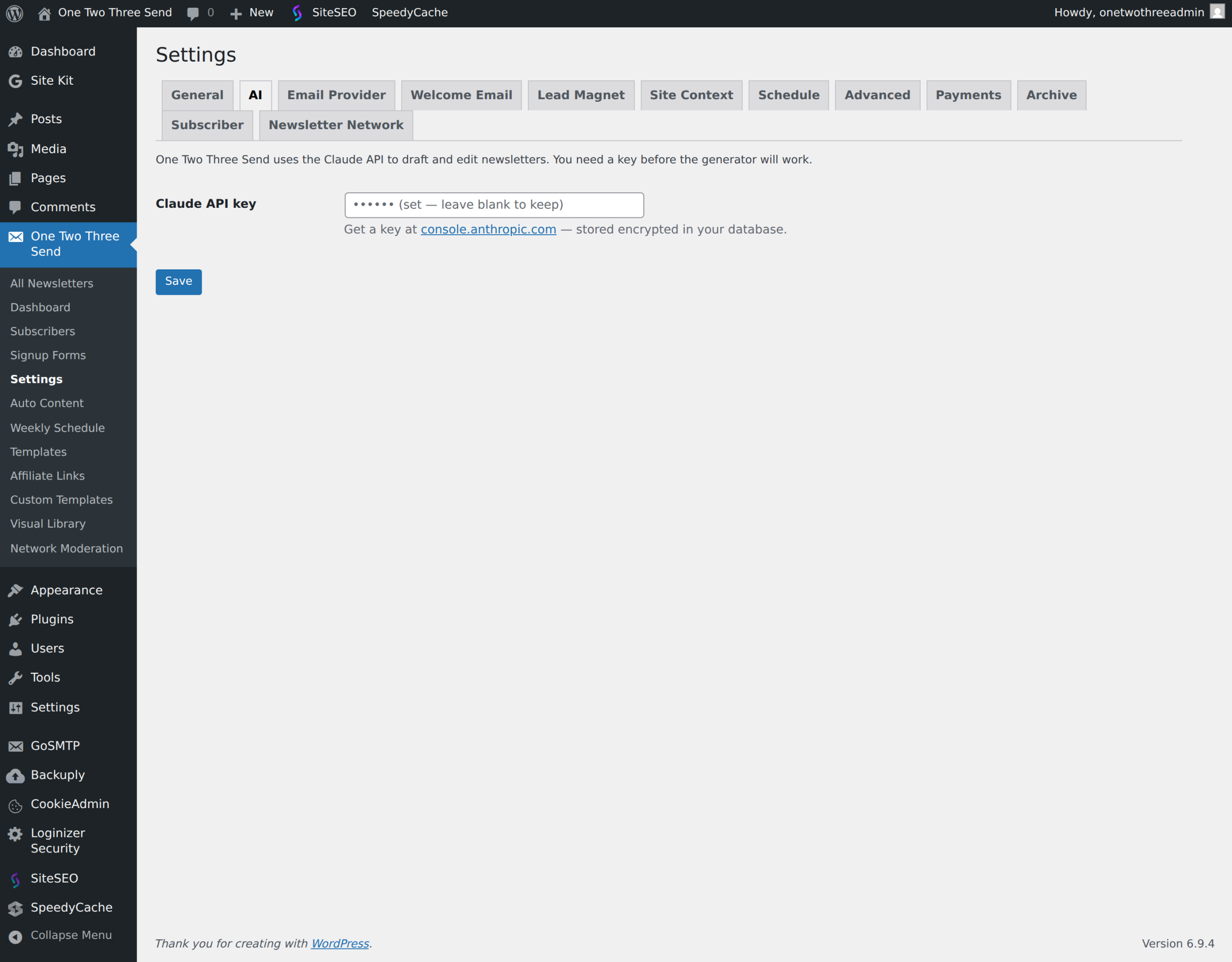 AI settings — Claude API key + default model.