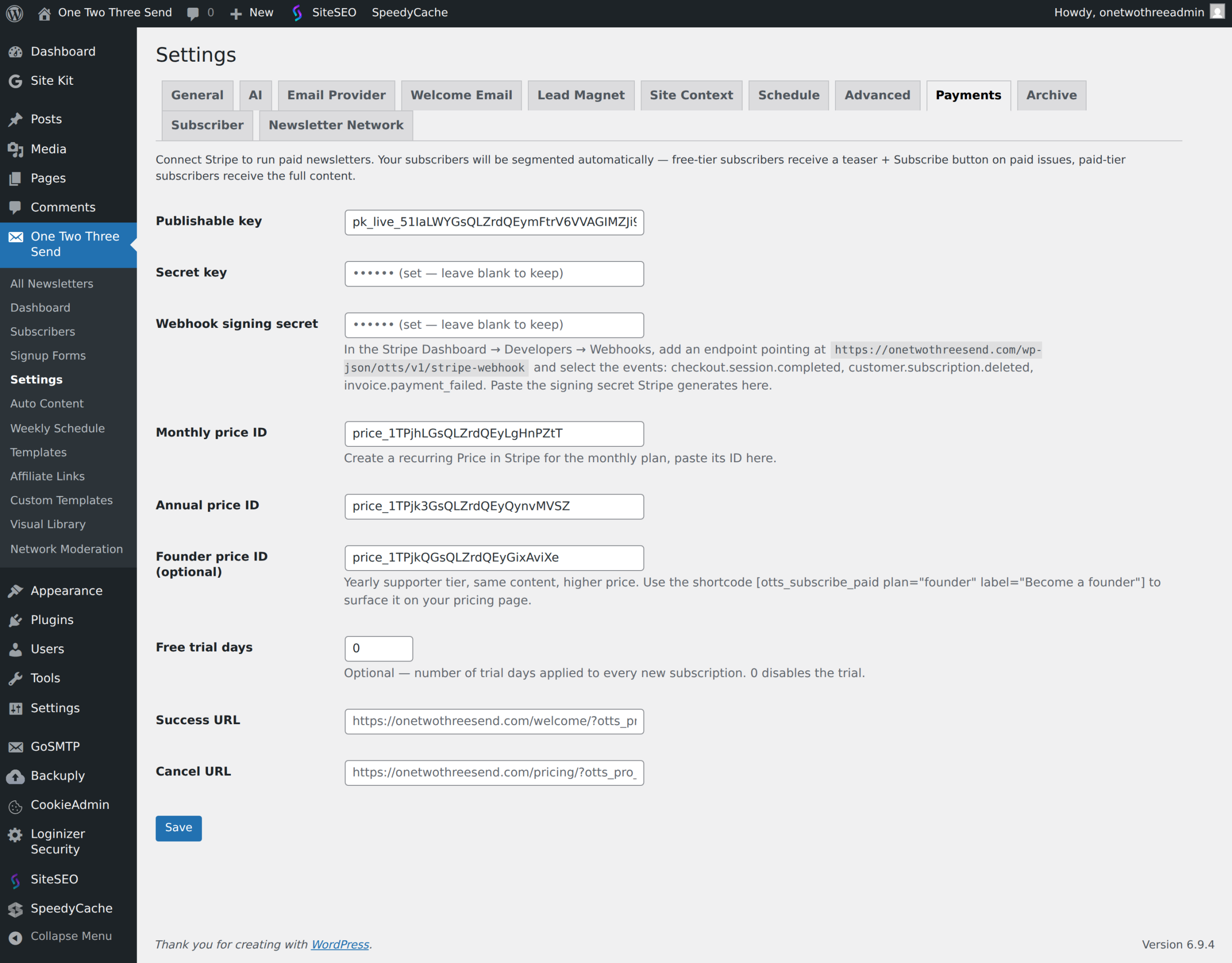 WordPress newsletter plugin settings page showing Stripe payment configuration fields