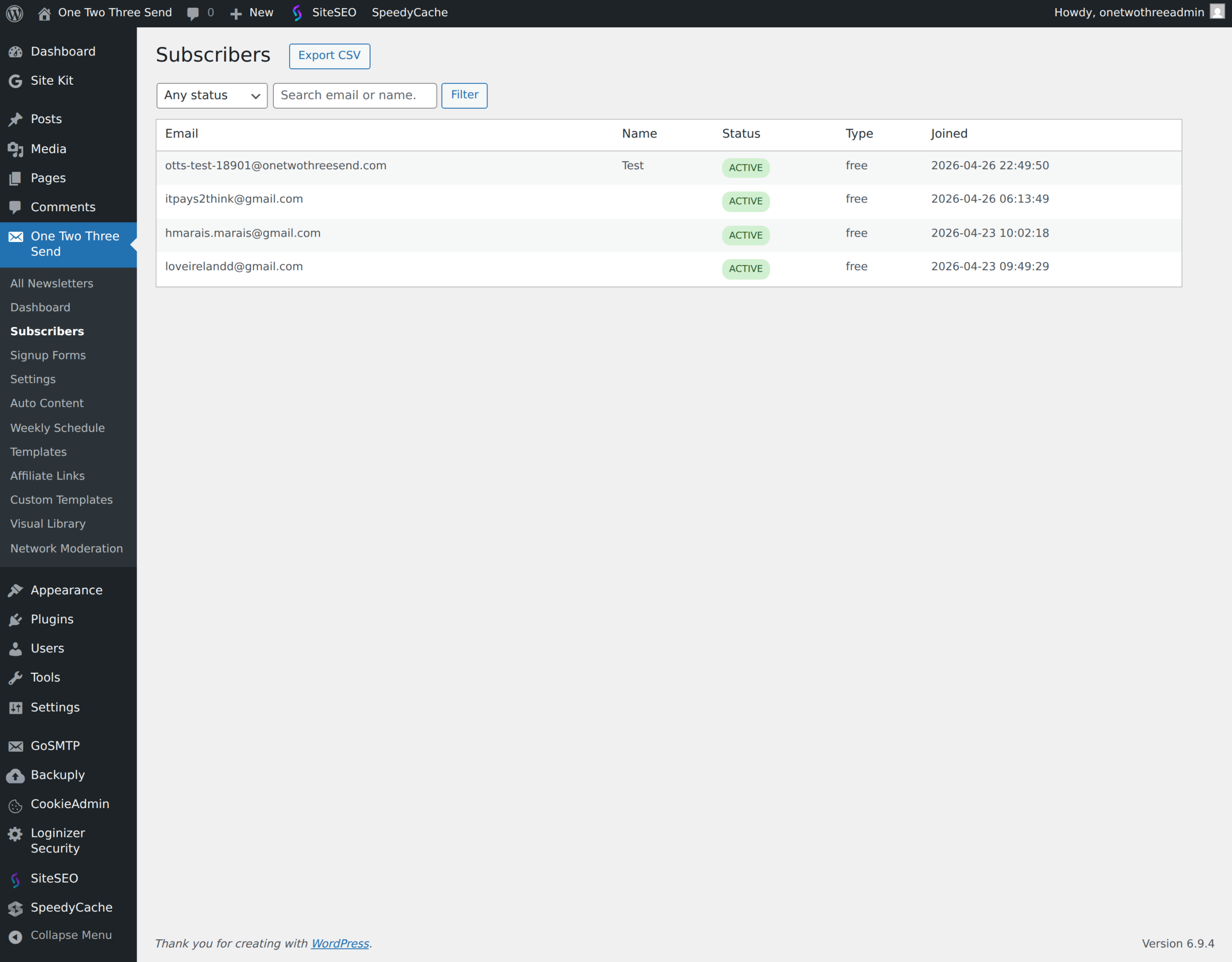 Subscribers list with status + open-rate metrics.