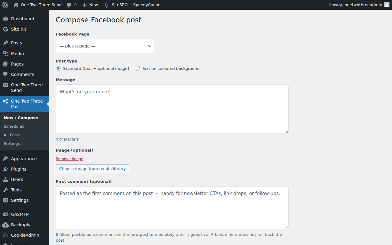 Composer — pick a Page, write the message, attach an image, choose post type, send or schedule.