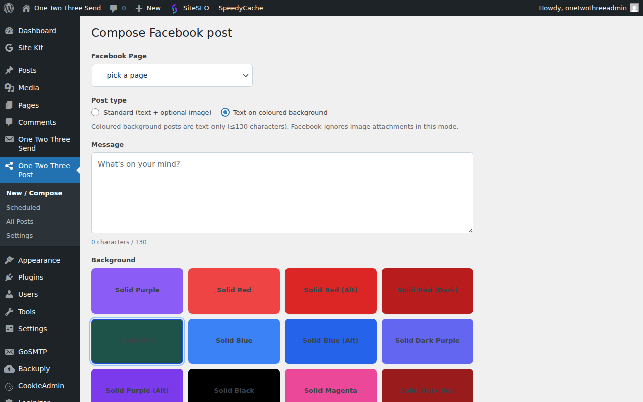 Coloured-background picker — 41 native Facebook background presets with previews, plus a custom preset-ID field.