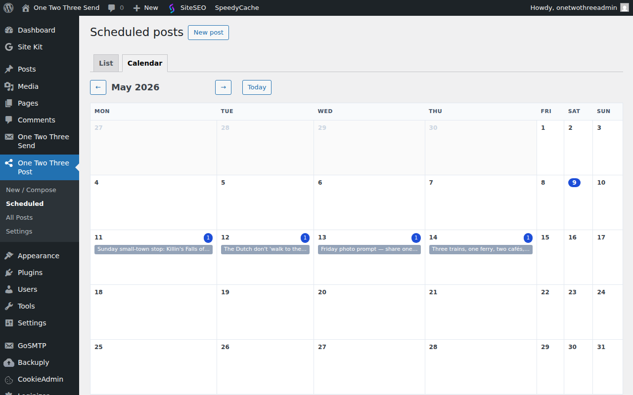 Calendar view — month grid with post counts per day, status-coloured pills, click a day to filter.