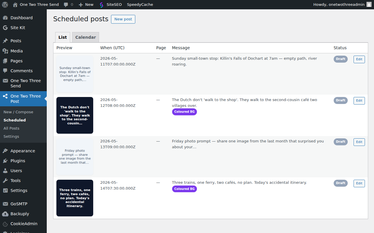 List view — next post going out first, then drafts / past activity. Visual preview thumbnail per row.