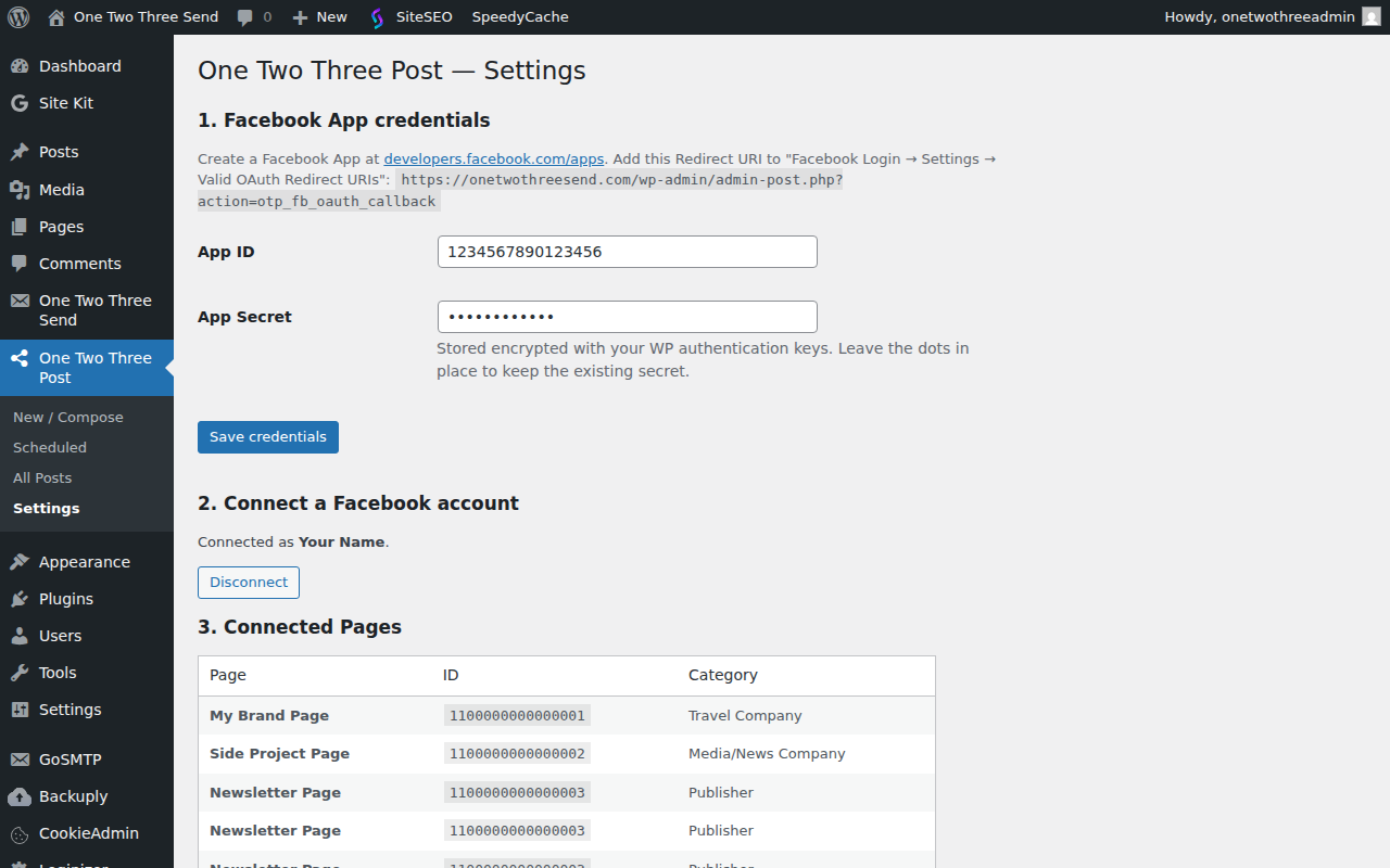 Settings — Facebook App credentials, Connect to Facebook button, list of connected Pages.