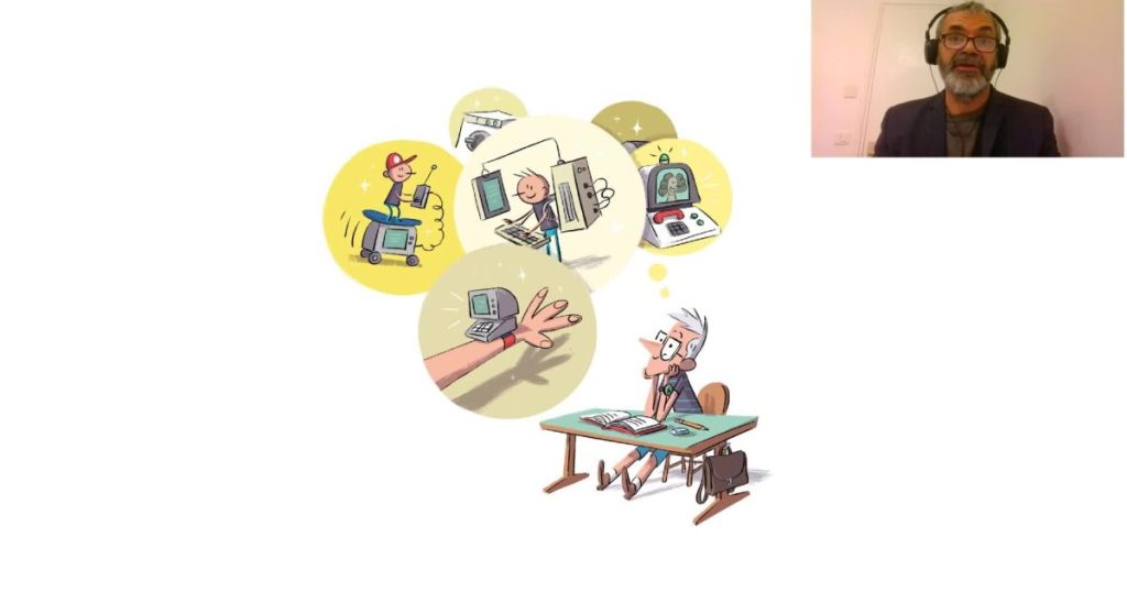 Illustrated person at desk thinking about digital tools and technology concepts