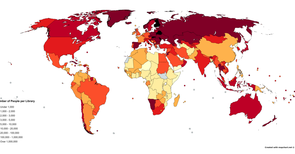 World map showing library accessibility by people per library ratio across countries